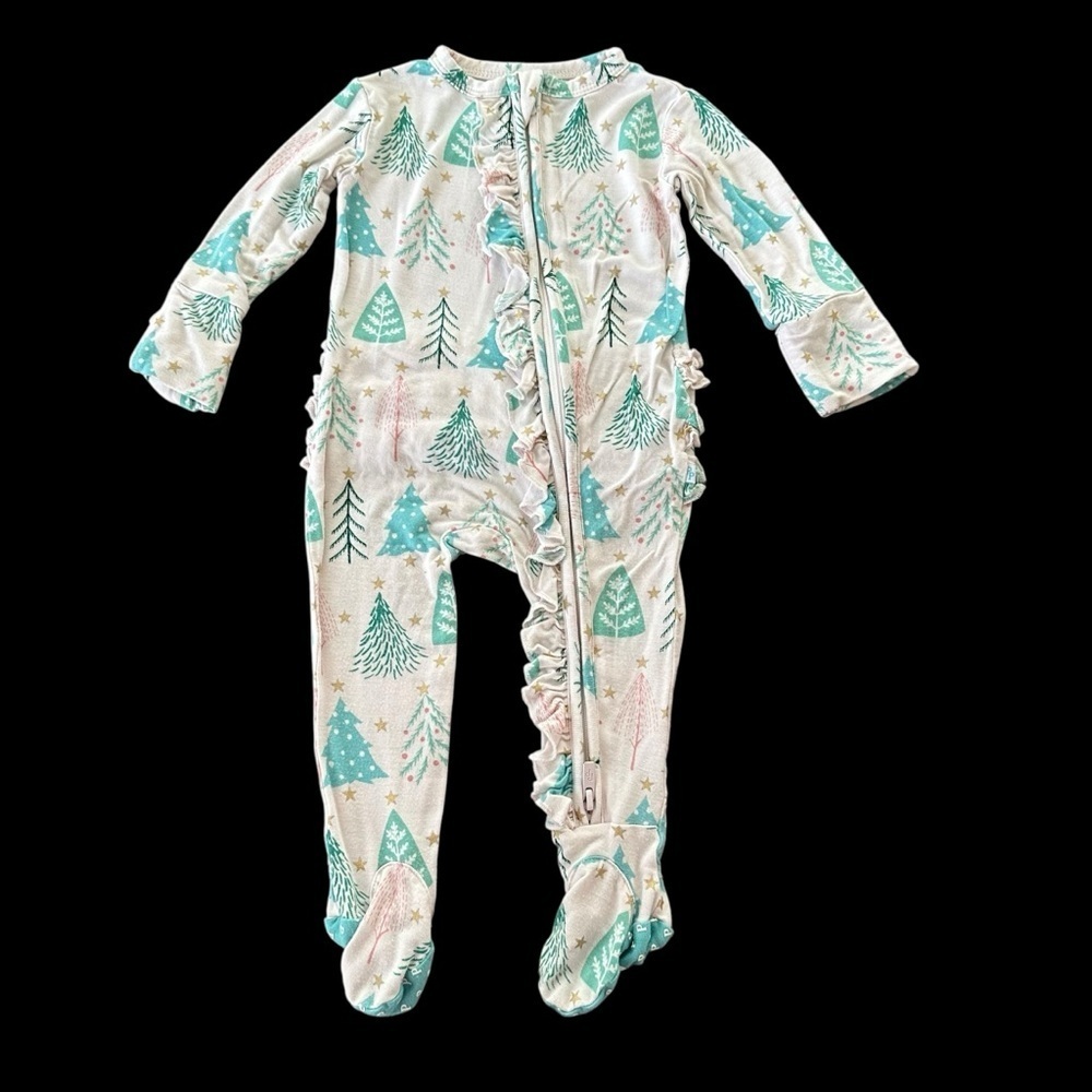 Posh Peanut Baby Girl 0-3 months Pastel Christmas Trees Zip Up Ruffle Footie